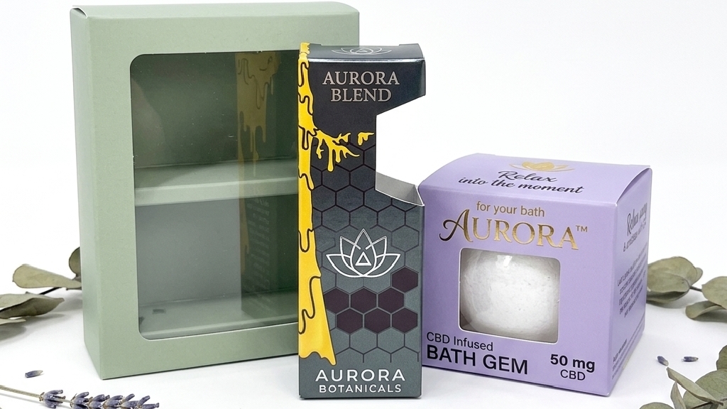 Custom CBD oil box with a die-cut window showing the amber glass dropper bottle inside for consumer transparency