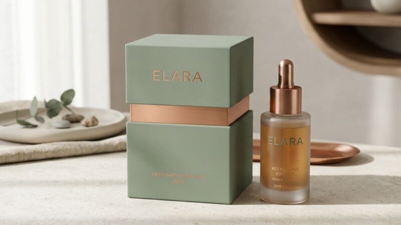 A photorealistic image of a custom-designed shoulder and neck rigid box for skincare. The box has a matte sage green finish and a brushed copper metal neck. Next to it is a frosted glass serum bottle with a copper dropper, branded with the name 'ELARA'. The lighting is soft and natural.