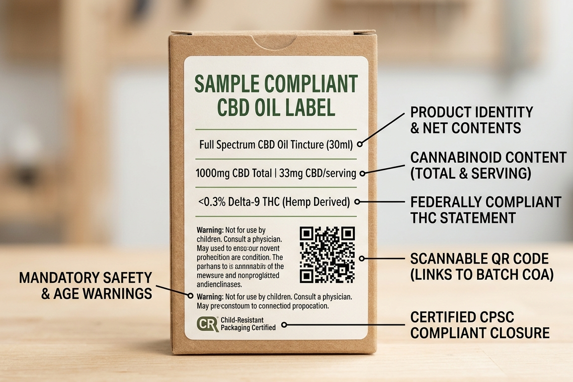 A sample US compliant label on a custom Kraft paper CBD oil box