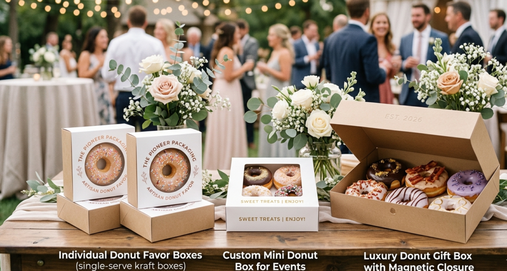 Individual donut favor boxes and luxury gift boxes with magnetic closures at a branded wedding event, showcasing personalized packaging solutions for US corporate gifts and parties