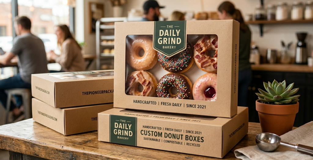 Custom compostable donut box with logo for a sustainable US bakery