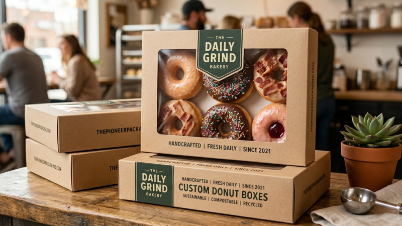 Custom compostable donut box with logo for a sustainable US bakery
