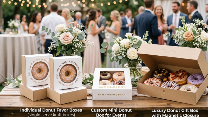 Individual donut favor boxes and luxury gift boxes with magnetic closures at a branded wedding event, showcasing personalized packaging solutions for US corporate gifts and parties