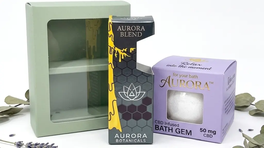 Custom CBD oil box with a die-cut window showing the amber glass dropper bottle inside for consumer transparency