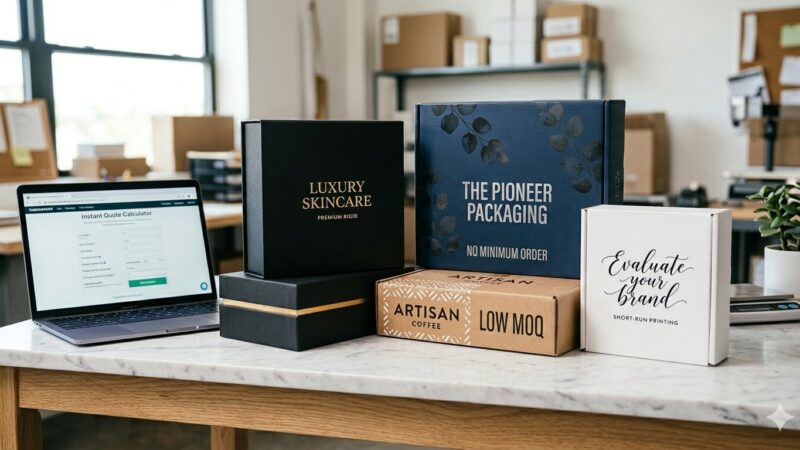 High-quality custom rigid and mailer boxes with metallic foil stamping and spot UV patterns, showcasing low MOQ packaging solutions for premium US e-commerce brands and startups.