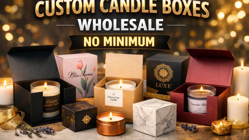 a variety of low-cost custom printed candle boxes including kraft, black matte, and corrugated styles for small businesses