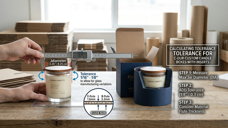 A detailed visual guide on a wooden desk showing how to measure a glass candle jar with a digital caliper and ruler to determine precise insert spacing, tolerance, and clearance for custom packaging