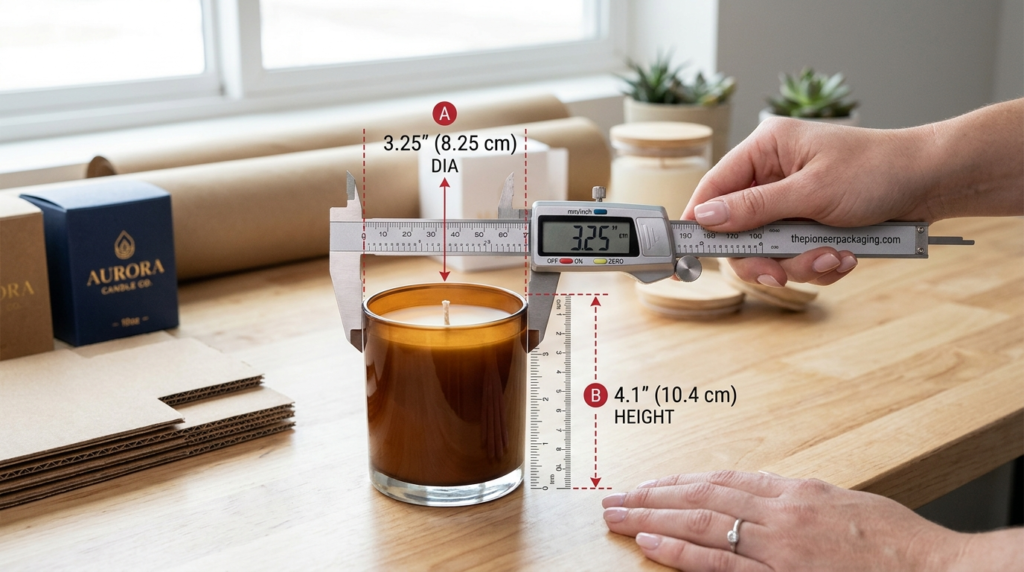 A graphic illustrating how to measure a glass candle jar with a digital caliper to determine precise diameter and height for custom packaging inserts