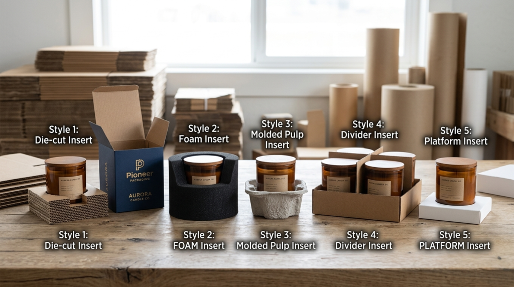 Five types of premium candle packaging inserts—Die-cut, Foam, Molded Pulp, Divider, and Platform—displayed on a wooden table with branded The Pioneer Packaging boxes