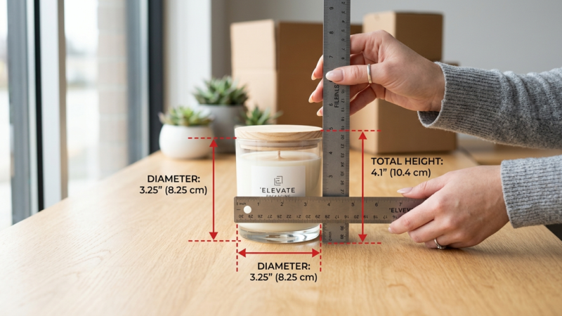 Hands measuring a 10oz glass candle jar with a ruler next to a custom candle box with inserts on a professional packaging desk