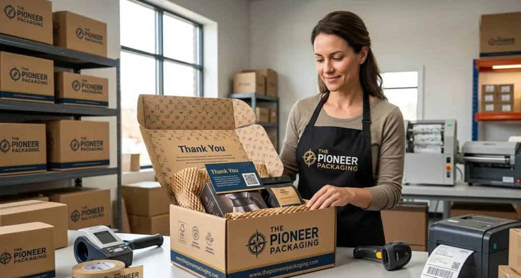 A professional fulfillment warehouse featuring custom branded corrugated boxes from The Pioneer Packaging, showcasing a premium unboxing experience with eco-friendly inserts and branded tape.