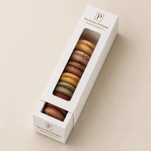 Single luxury macaron drawer box with transparent window, colorful macarons, and The Pioneer Packaging branding on a soft beige studio background.