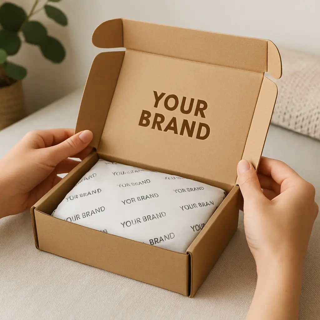 A high-quality lifestyle photo of a custom-printed cardboard mailer box being opened to reveal a neatly placed product wrapped in branded tissue paper.