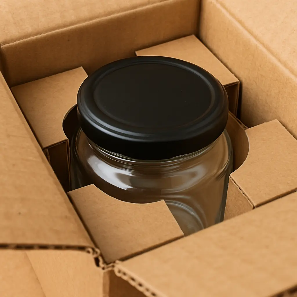 A close-up of a corrugated cardboard box showing a custom-fit cardboard insert holding a glass jar securely in place.