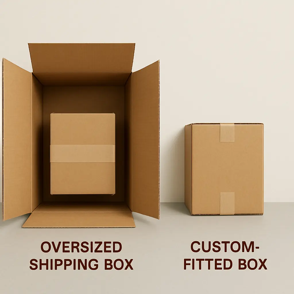 A visual comparison showing a standard oversized shipping box next to a custom-fitted box that eliminates unnecessary empty space.