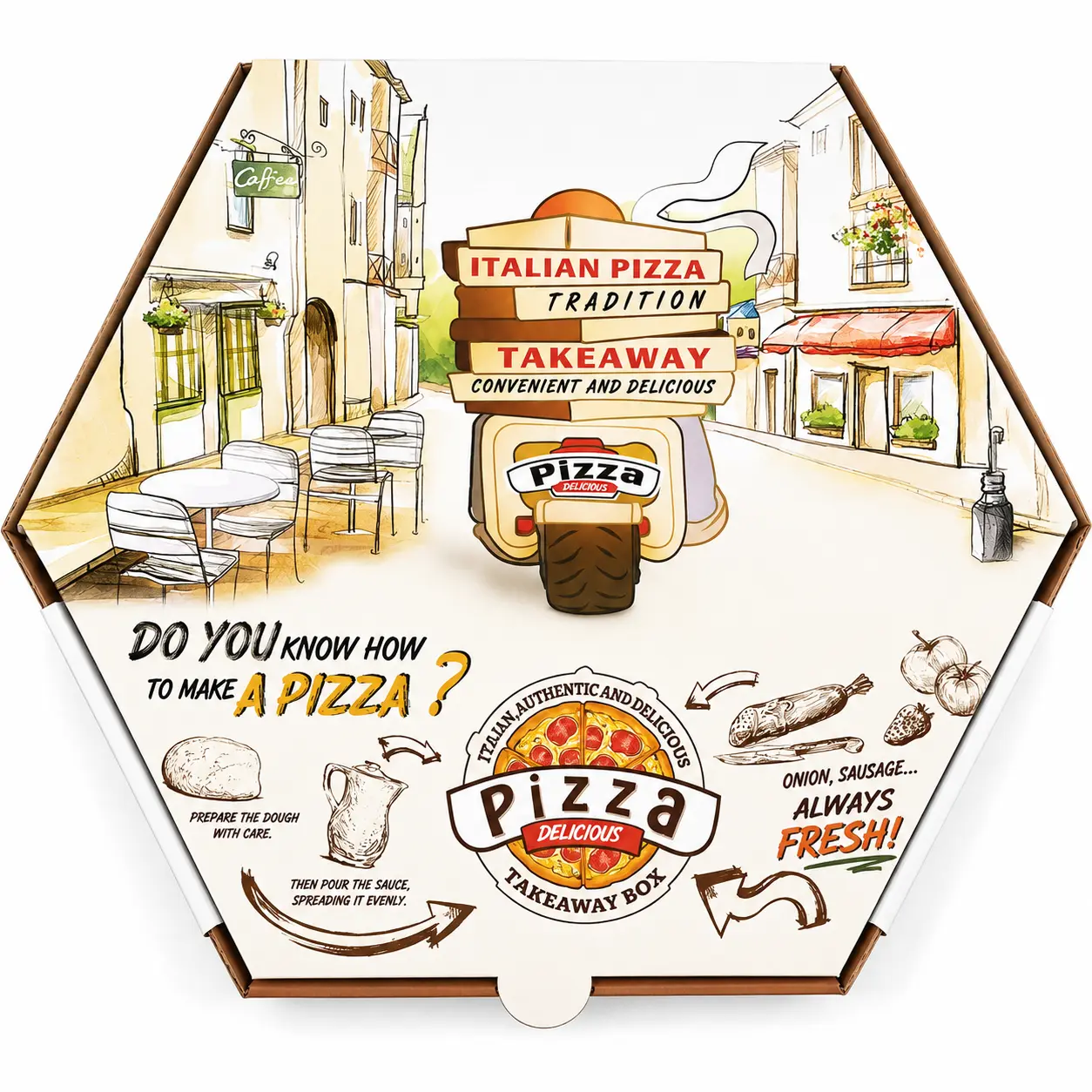 Custom hexagonal pizza boxes