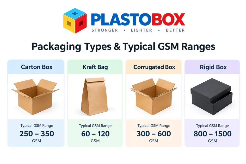 What Is GSM in Paper Packaging: carton box 250–350, kraft bag 60–120, corrugated box 300–600, rigid box 800–1500 