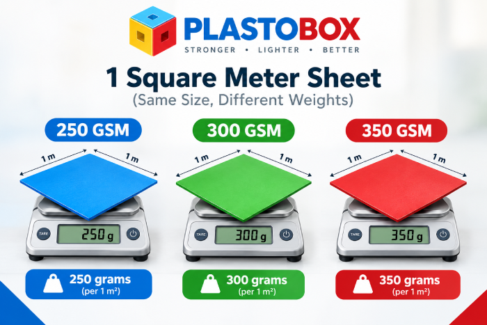 What is GSM in paper packaging: three one-square-meter sheets on scales weighing 250, 300 and 350 grams